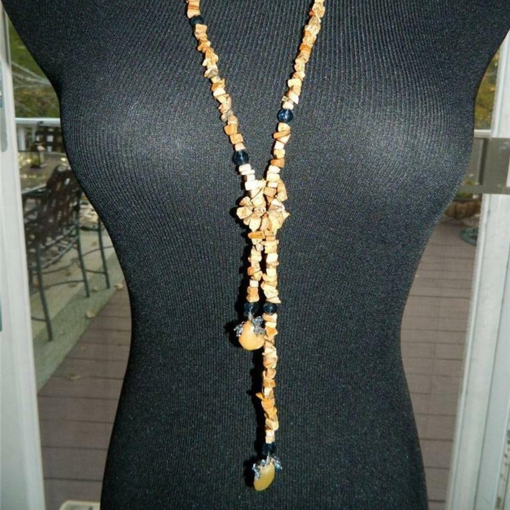 Handmade Lariat Necklace Jasper Pebbles w/Swarovski & Jasper Briolette End Drops